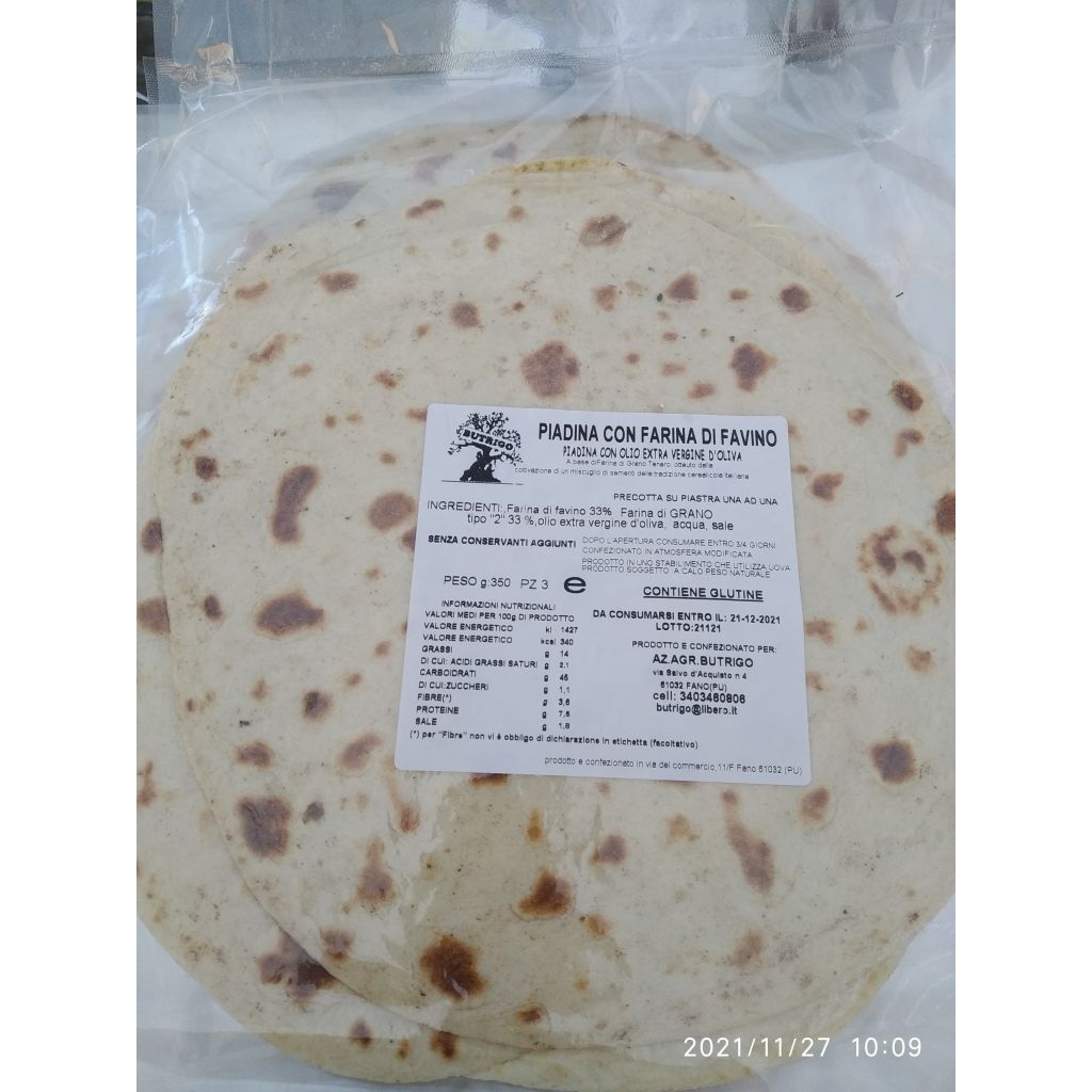 Piadine artigianale con olio evo e grani antichi. FAVINO - Farina di grano e favino - 3 Pezzi